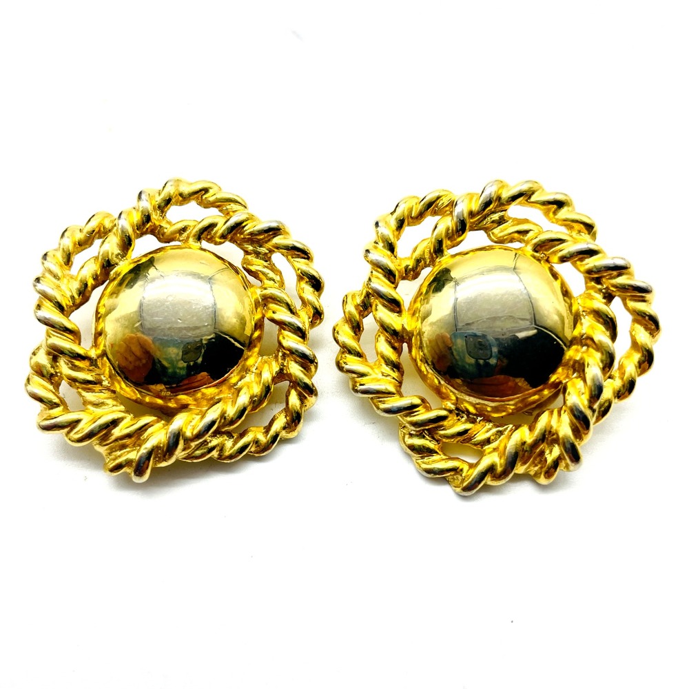 Vintage Gold Tone Clip On Earrings Twisted Rope Knot Round Statement Jewelry